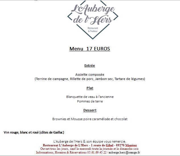 Menu auberge de lHers